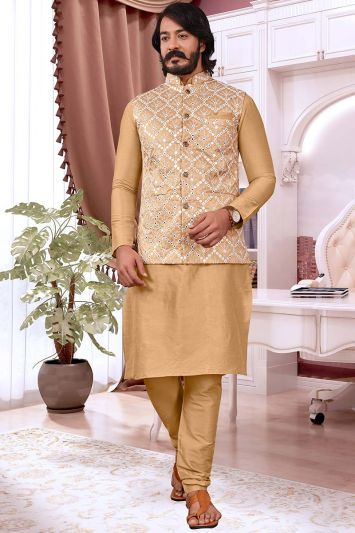 Functional Designer Cream Pure art silk Kurta and Jacket with Pant For Party