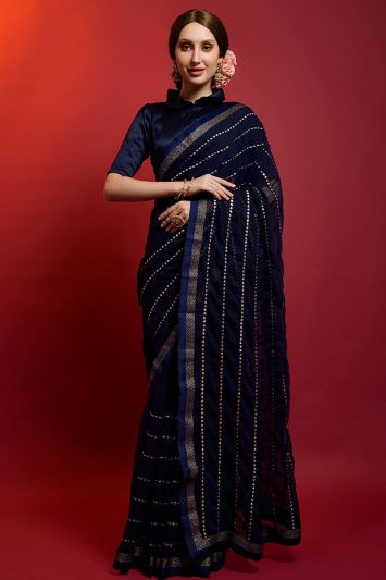 Georgette Fabric Embroidered Saree in Navy Blue Color