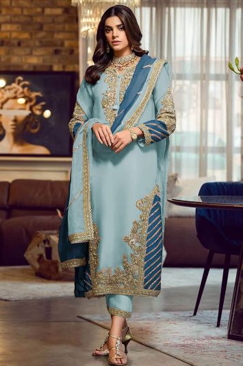 Georgette Pakistani Trouser Suit in Sky Blue Color