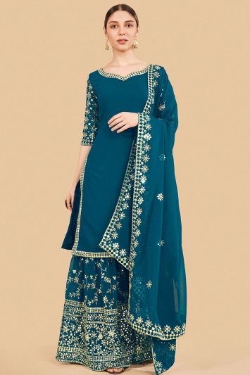 Georgette Zari Embroidered Palazzo Suit in Rama Blue Color