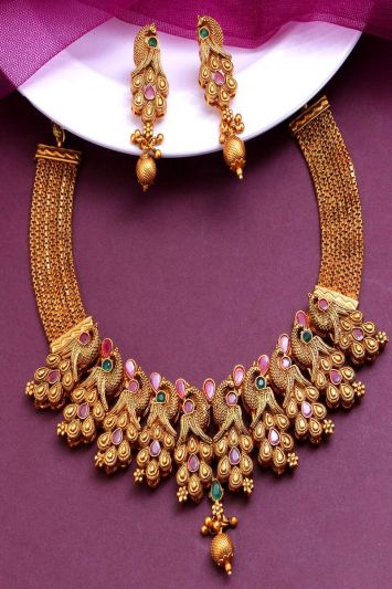 Fashionable Gold Copper Necklace In Temple Work For Women