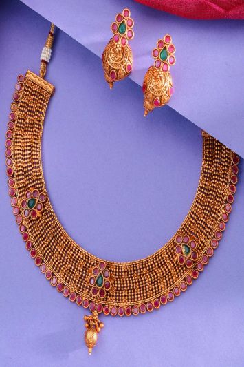 Trendy Gold Copper Necklace In Temple Work For Women