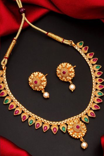 Gold-Plated Pink and Green Beaded Meenakari Jewellery Set