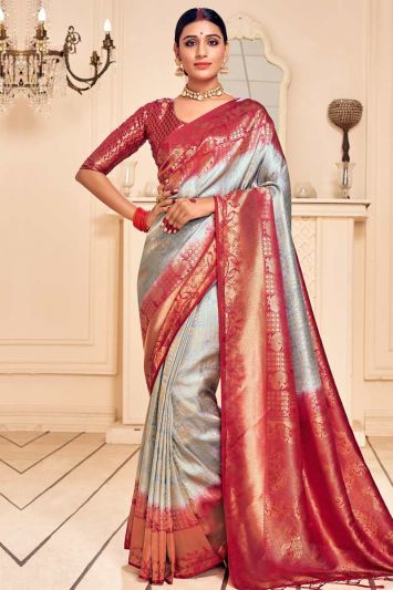 Gray Banarasi silk Saree With Maroon Blouse