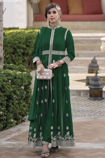 Green Color Blooming Georgette Fabric Gown For Eid