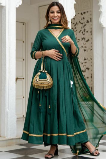 Green Color Cotton Fabric Long Anarkali Suit