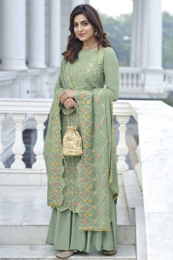Green Color Faux Georgette Fabric Embroidered Palazzo Suit