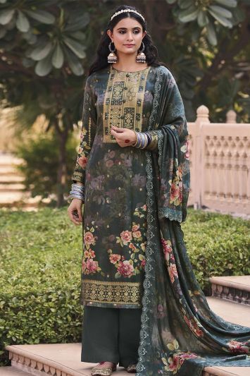 Green Color Pure Muslin Fabric Palazzo Suit For Eid