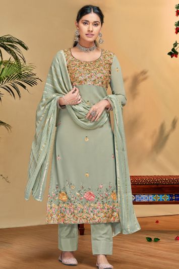 Green Color Pure Viscose Bemberg Georgette Fabric Straight Pant Suit