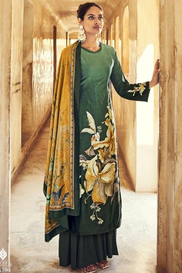 Green Color Velvet Fabric Palazzo Suit with Print Work