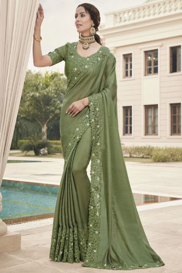 Green Embroidered Modal Silk Saree For Mehndi Function