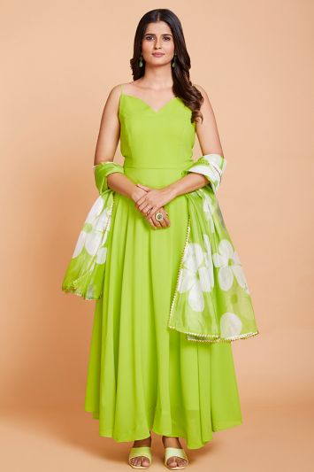 Green Faux Georgette Gown with Organza Dupatta
