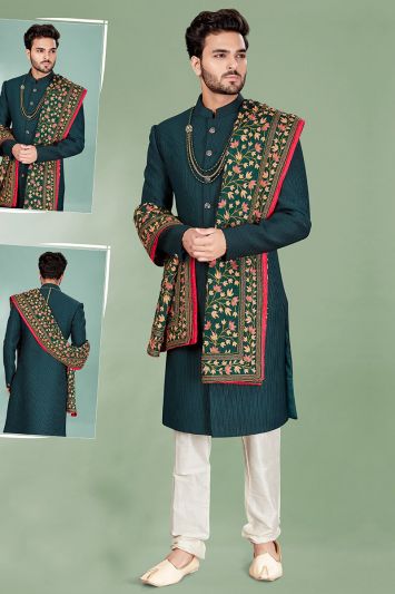 Green Imported Silk Churidar Sherwani For Wedding