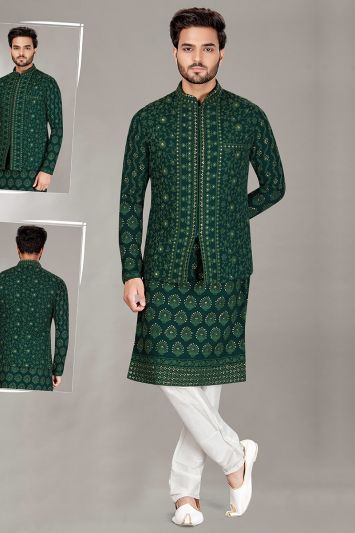 Green Lucknowi Silk Kurta and Jacket For Party