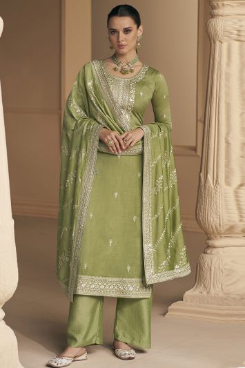 Green Mehndi Functional Silk Palazzo Suit