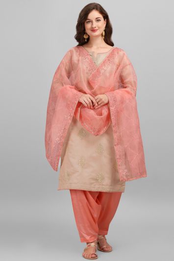 Grey Chanderi Diwali Wear Embroidered Salwar Suit