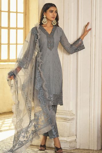 Grey Color Faux Georgette Fabric Straight Pant Suit with Zari Work