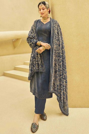 Grey Designer Festive Wear Exotic Velvet Salwar Suit
