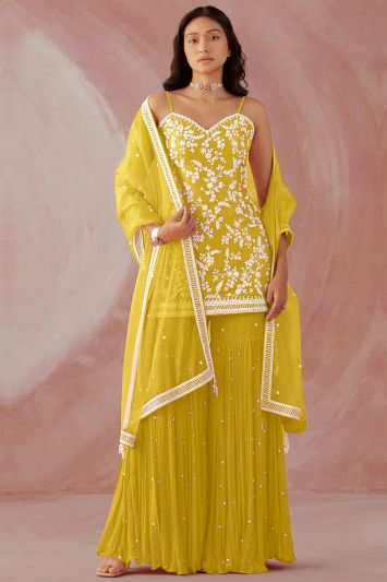 Haldi Functional Faux Georgette Fabric Sharara Suit in Yellow Color