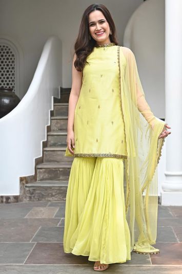 Haldi Functional Silk Fabric Sharara Suit in Yellow Color
