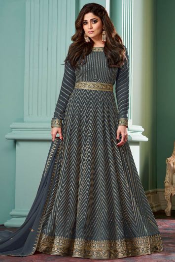 Heavy Cotton Bollywood Anarkali Suit in Grey Color