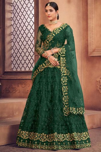 Heavy Net Fabric Lehenga Choli in Green Color