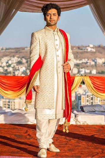 Jacquard Fabric Groom Wear Sherwani in Cream Color