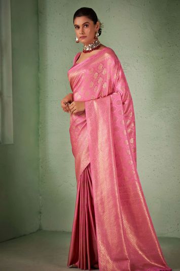 Kanjivaram Silk Fabric Heavy Wavon Design Saree in Pink Color