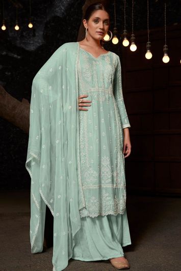 Lakhnavi Pure Muslin Palazzo Suit in Mint Green Color