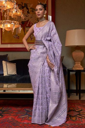 Lavender Color Woven Kashmiri Modal Silk Saree