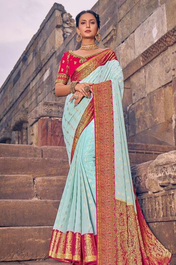 Light Blue Color Georgette Fabric Saree with Lace Work
