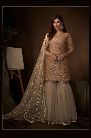 Light Cream Net Heavy Designer Sharara Suit With Jari Embroidery And Sequence Work