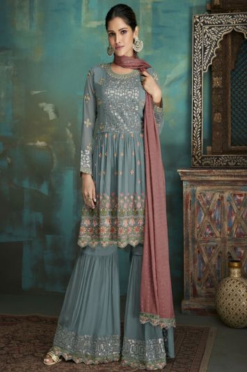 Light Teal Heavy Faux Georgette Sharara Suit