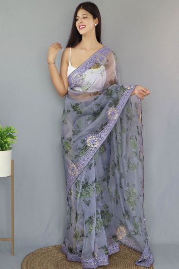 Light Violet Color Organza Fabric Party Wear Saree
