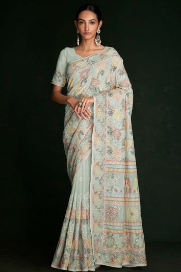 Lucknowi Work Saree in Green Color