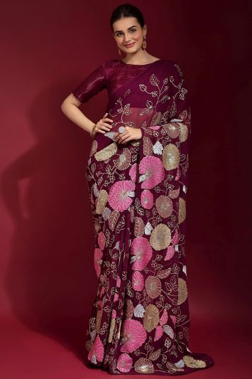 Magenta Color Banglori Silk Sequins Saree
