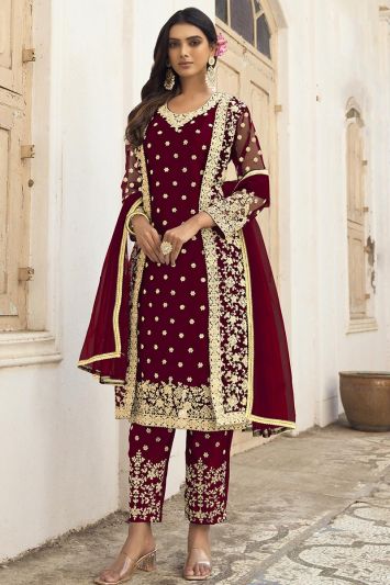 Maroon Color Butterfly Net Fabric Straight Pant Suit For Eid