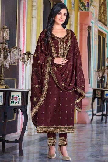 Maroon Color Chinnon Fabric Straight Pant Suit