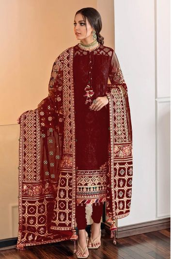 Maroon Color Georgette Fabric Pakistani Churidar Suit