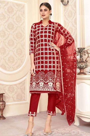 Maroon Color Net Fabric Party Wear Straight Pant Suit