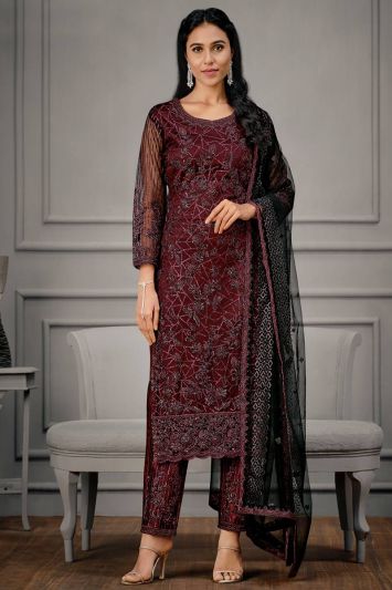 Maroon Color Net Fabric Trouser Suit with Stone Work