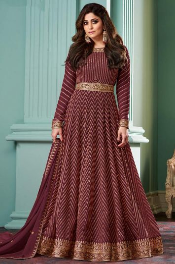 Maroon Color Real Georgette Fabric Wedding Anarkali Suit
