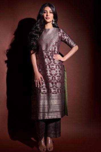 Maroon Color Silk and Jacquard Fabric Palazzo Suit