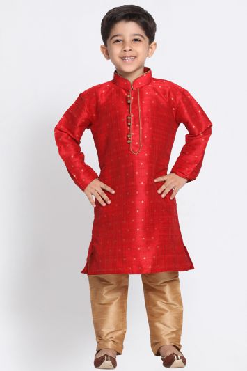 Maroon Cotton Silk Blend Kurta and Golden Pajama For Diwali