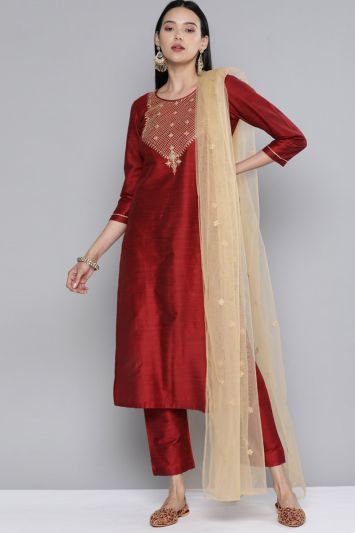 Maroon Embroidered South Cotton Straight Pant Suit
