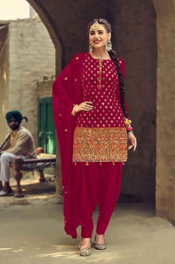 Maroon Georgette Patiyala Suit With Thread Embroidery