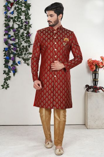 Maroon Jacquard Fabric Sherwani with Aligarhi Pant