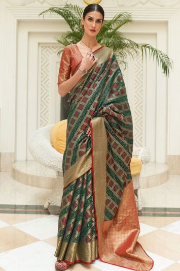 Mehndi Functional Dark Green Color Silk Fabric Saree