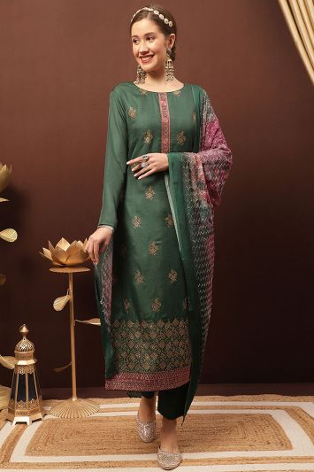 Mehndi Functional Green Color Dola Silk Fabric Straight Pant Suit