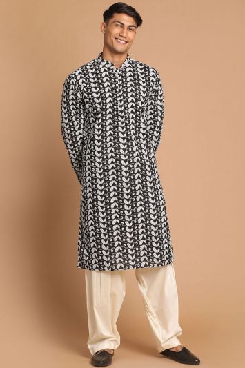 Men Black Cotton Ethnic Kurta Pyjama Set